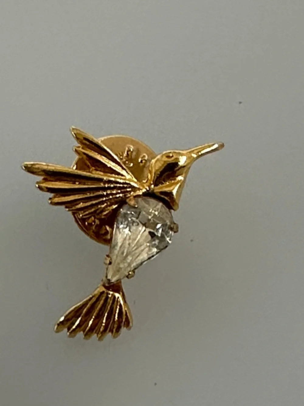 Vintage Gold Hummingbird Pin with Clear Crystal